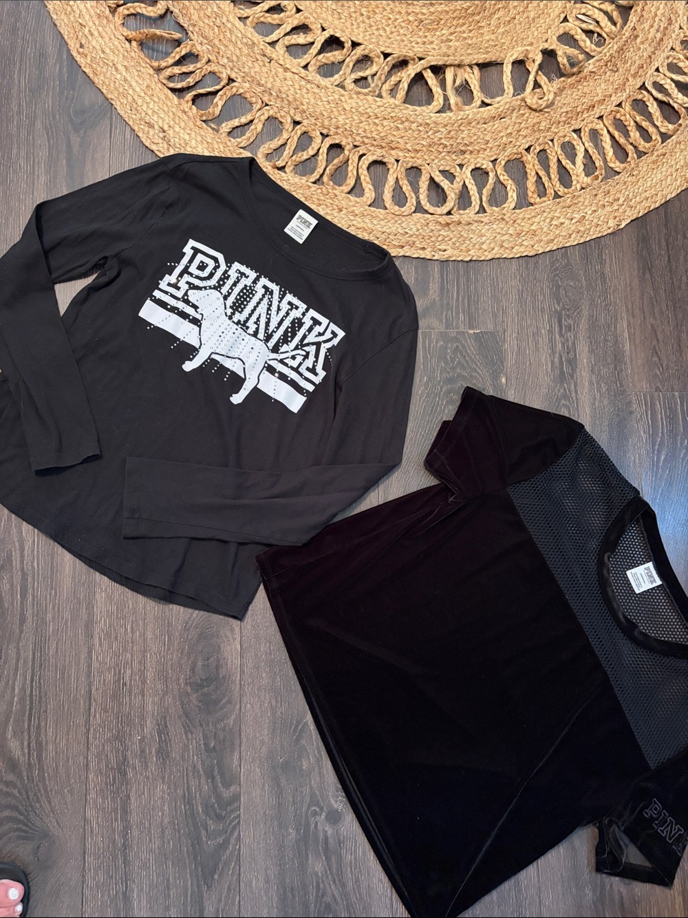 PINK Victoria's Secret Black Velvet Mesh Panel Tee|Long Sleeve Bling Shirt Lot L